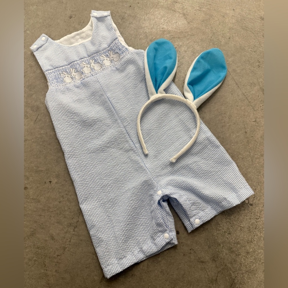 Unbranded Lt Blue & White Searsucker One Piece with Embroidered Bunnies